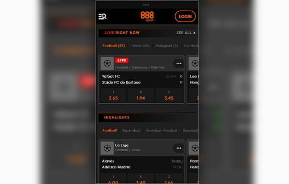 The home page of the 888sport Android betting app