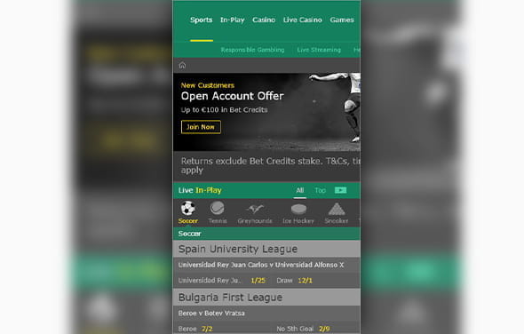 The home page of the bet365 Android betting app