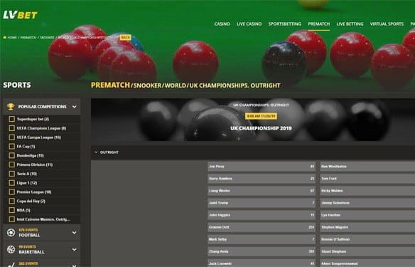 Snooker betting platform at LV BET