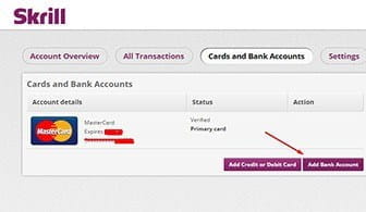 The bank card registration form to attach your bank card to your Skrill credentials