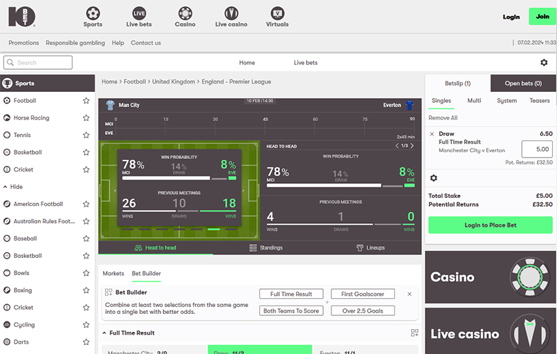 Screenshot of 10bet bet builder page