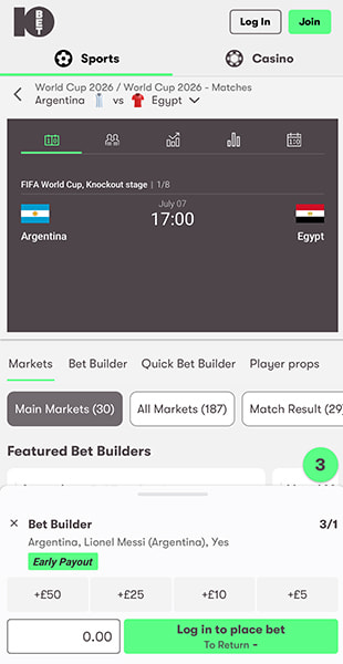 10bet betslip open with a Messi bet builder selection and early payout option