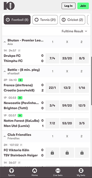 Live football, tennis and cricket matches listed with odds on the 10bet site