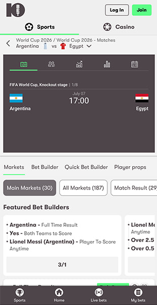 Argentina vs Egypt World Cup match page with bet builder options on 10bet
