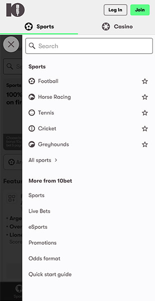 The 10bet homepage showing a sports welcome bonus and featured bet builders
