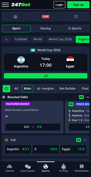 Live football matches listed by competition on the 247Bet site