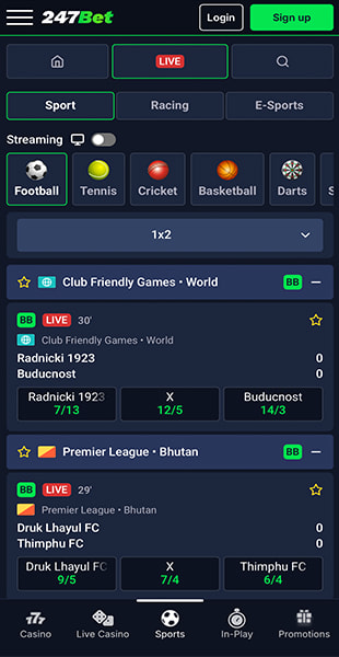 The 247Bet homepage showing featured boosts and live World Cup odds