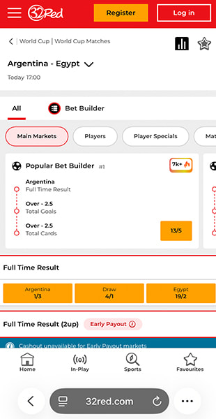 Main markets and bet builder for Argentina vs Egypt on 32Red