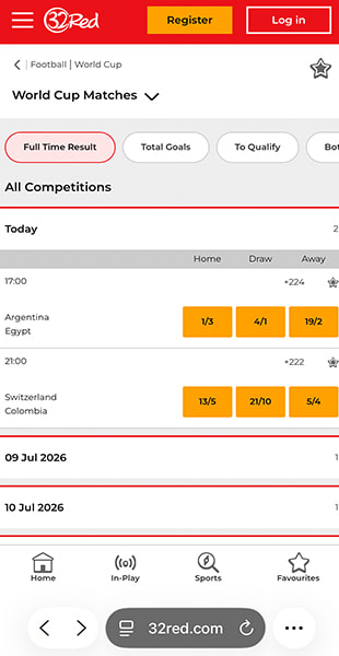World Cup match odds listed on the 32Red app