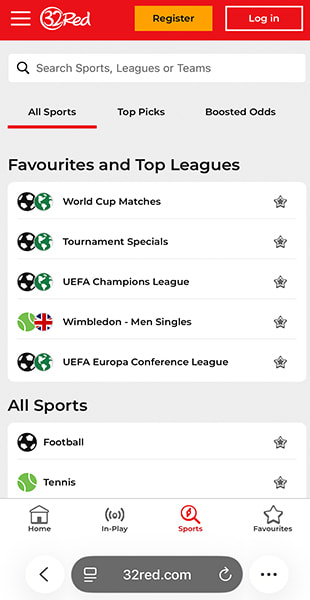 Browsing sports and top leagues on the 32Red app