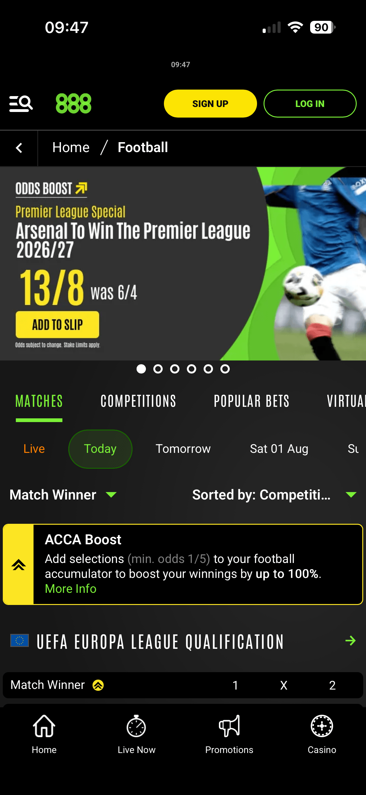 Football section on the 888sport app showing an Arsenal to win the Premier League odds boost