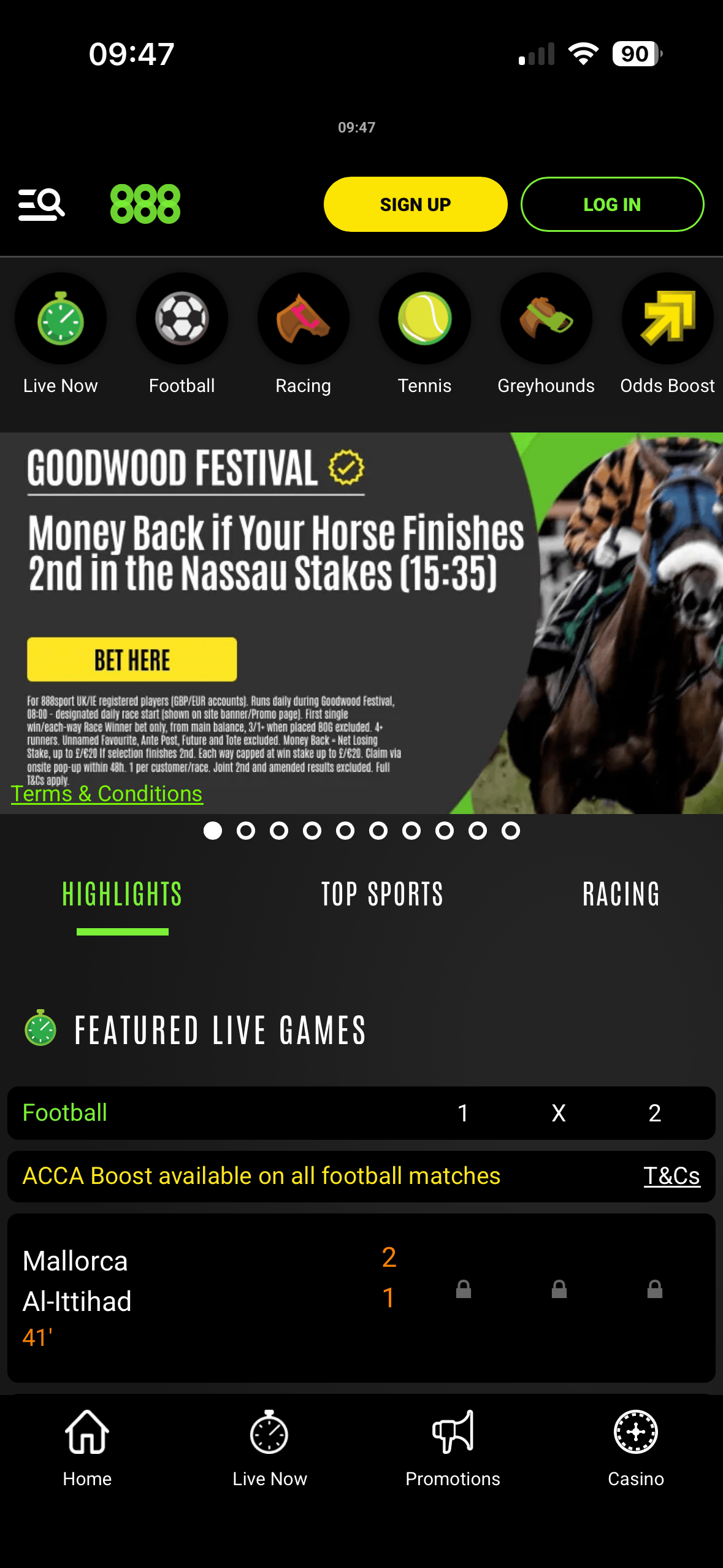 888sport app homepage showing sport shortcuts and the Goodwood Festival money back promo