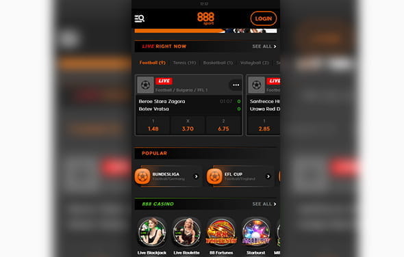 The home page of the 888sport iPhone betting app