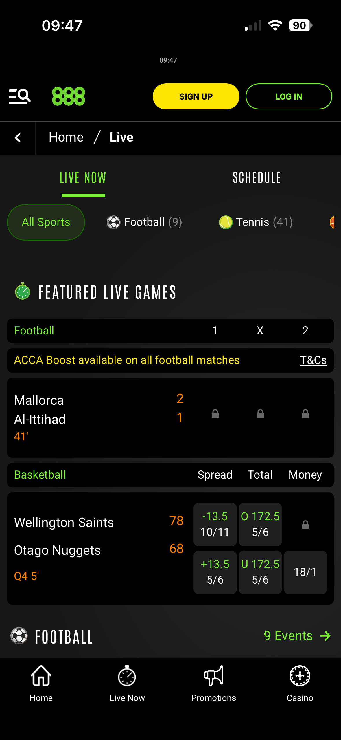 Live Now page on the 888sport app showing in-play football and basketball games