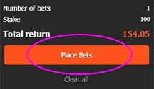 Confriming a bet at SportNation by clicking the place bet button
