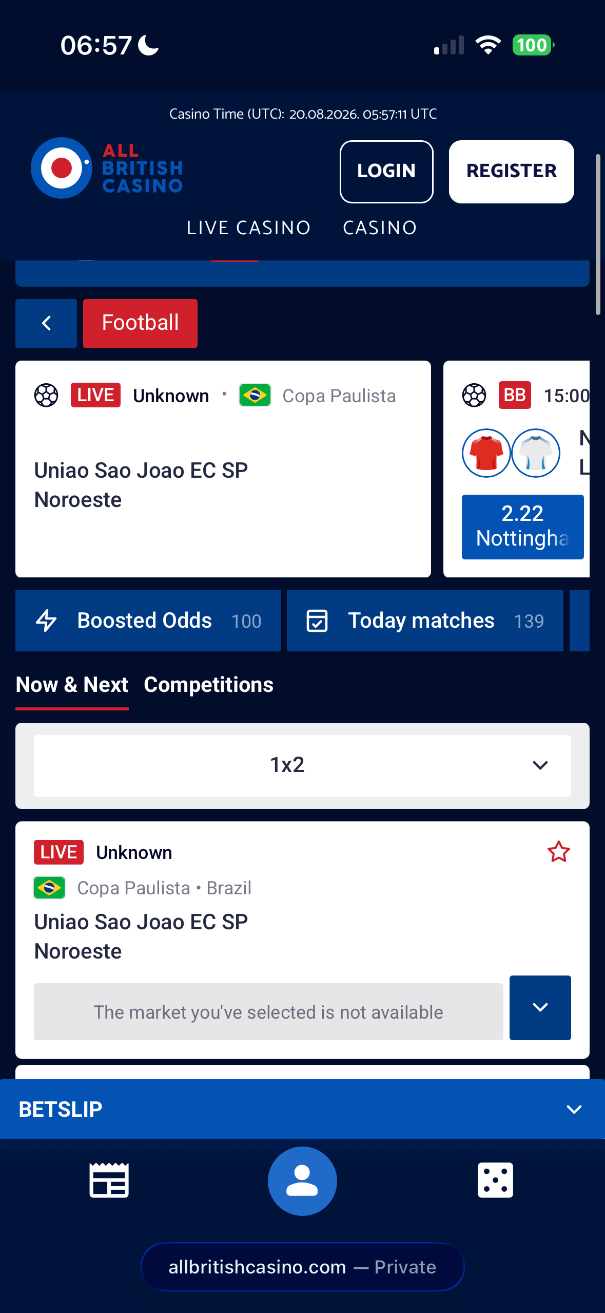 All British Casino mobile football section showing a live Copa Paulista match Uniao Sao Joao EC SP vs Noroeste, Boosted Odds and Today matches tabs, and a 1x2 market selector