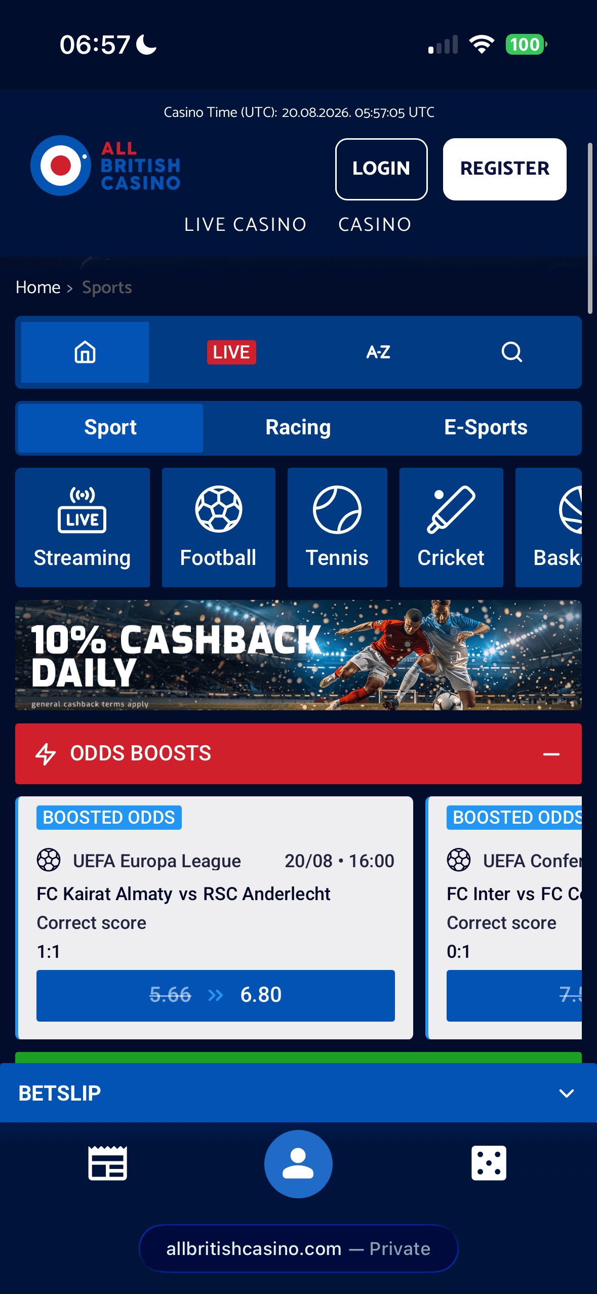 All British Casino mobile sports homepage showing Sport, Racing and E-Sports tabs, category tiles for Streaming, Football, Tennis and Cricket, a 10% Cashback Daily banner and an Odds Boosts section with a boosted UEFA Europa League correct-score price of 6.80