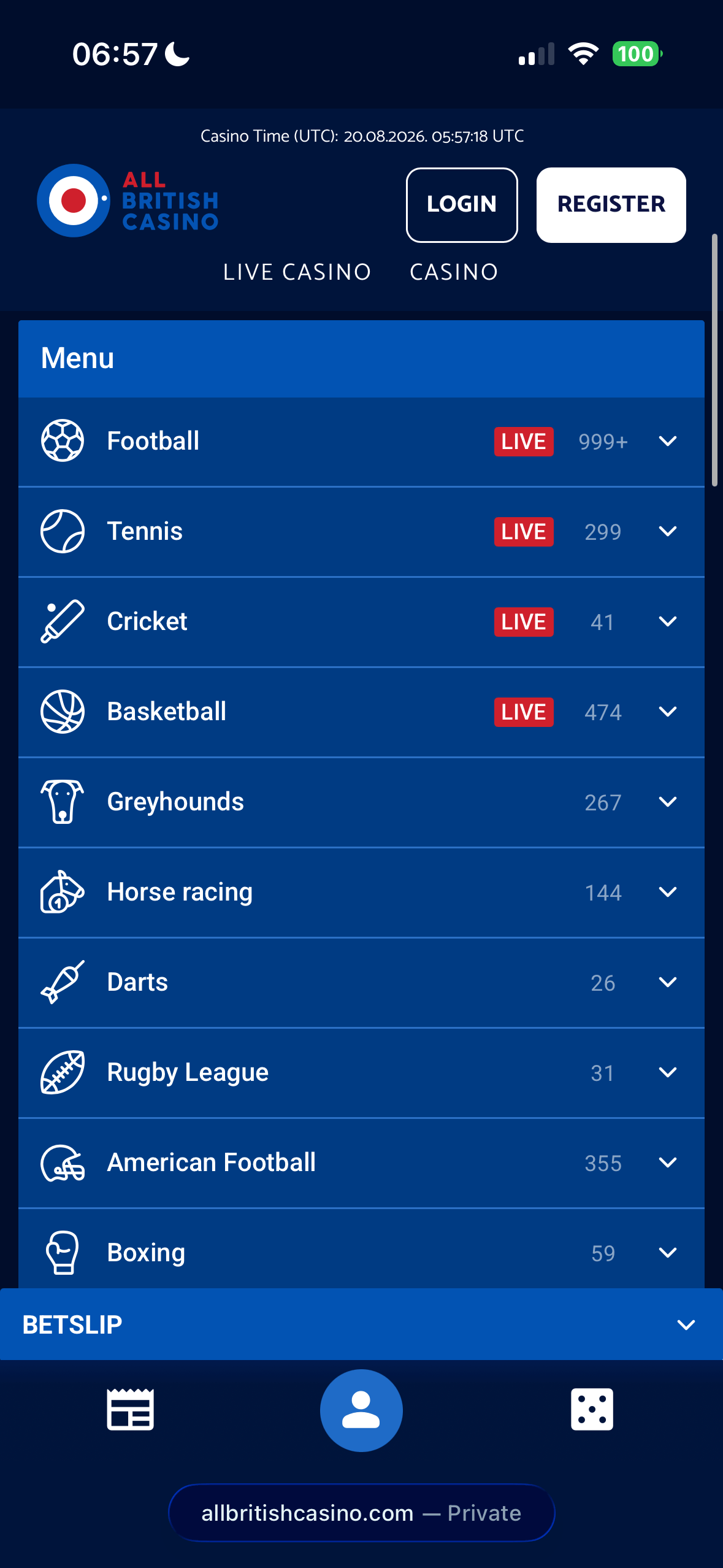 All British Casino mobile sports menu listing all sports with live event counts, including Football with 999+ events, Tennis 299, Cricket 41, Basketball 474, Greyhounds 267 and Horse racing 144