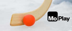 A close-up of a bandy stick and the MoPlay logo