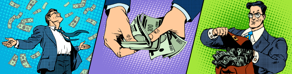 Three images showing a banker enjoying his lavish wealth, brandishing notes around