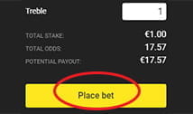 The bet slip of Unibet showing the Place bet button used for confirming bet orders to the bookmaker server