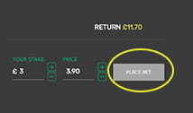 A completed betting slip on the Smarkets platform ready to be executed by clicking Place Bet