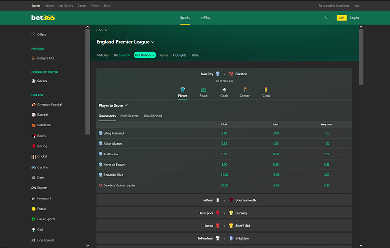 Screenshot of bet365 bet builder page