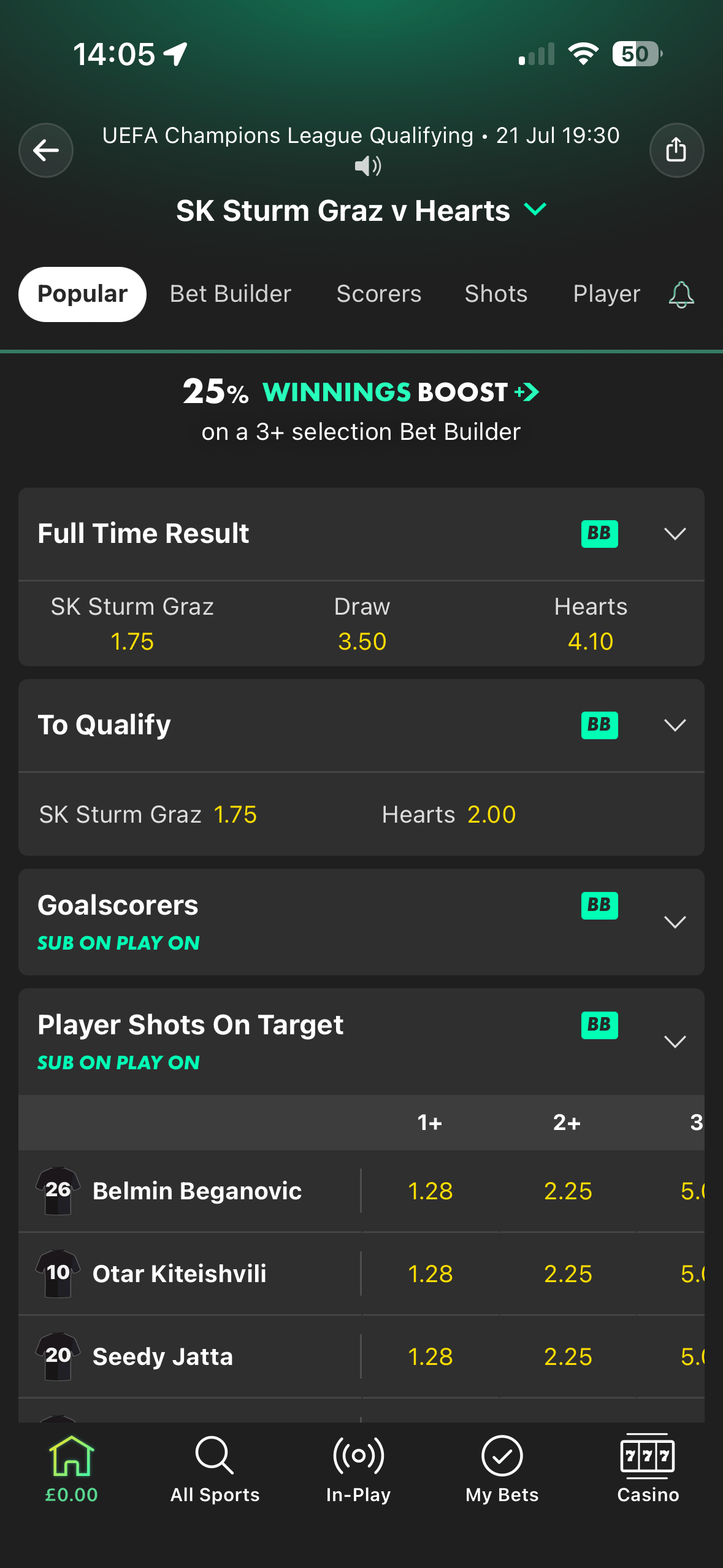 UEFA Champions League Qualifying fixtures on the bet365 app showing 1X2 odds