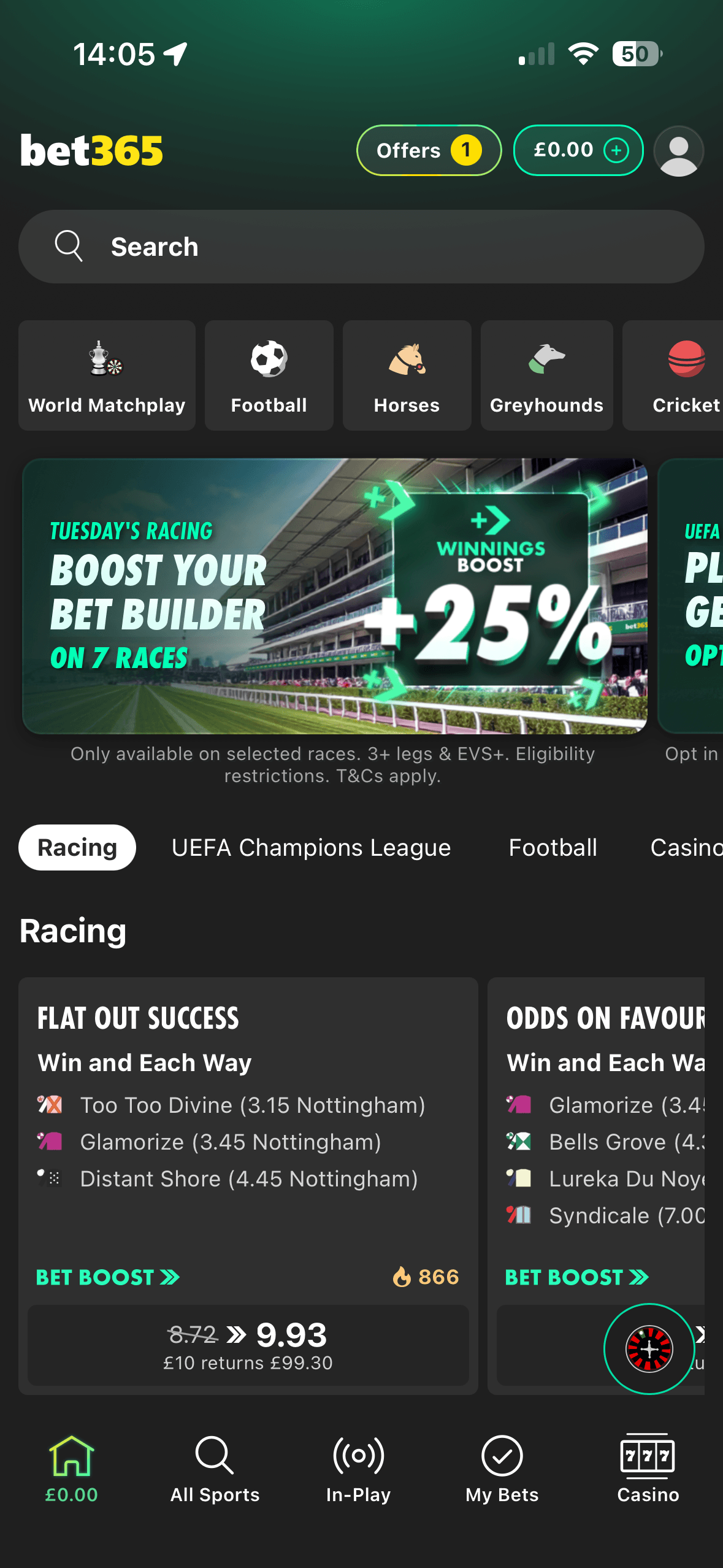 bet365 app homepage showing racing offers and a bet builder winnings boost