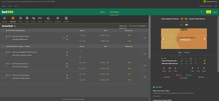 A view of the bet365 live betting page