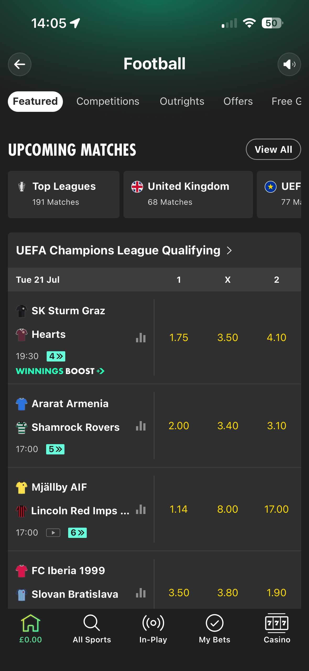 SK Sturm Graz vs Hearts match page on the bet365 app showing Full Time Result, To Qualify and Player Shots on Target markets
