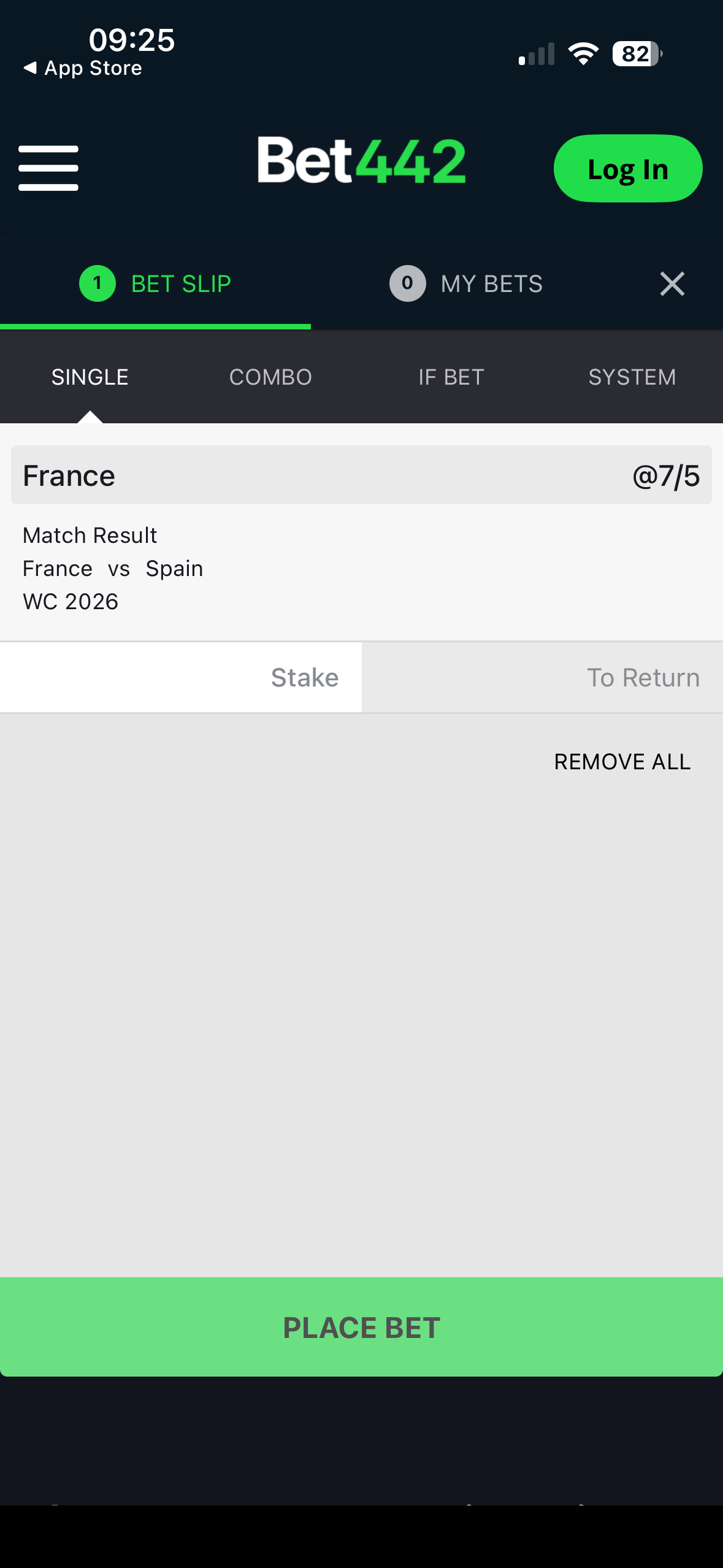 Bet slip on the Bet442 mobile site showing a single bet on France to beat Spain at 7/5