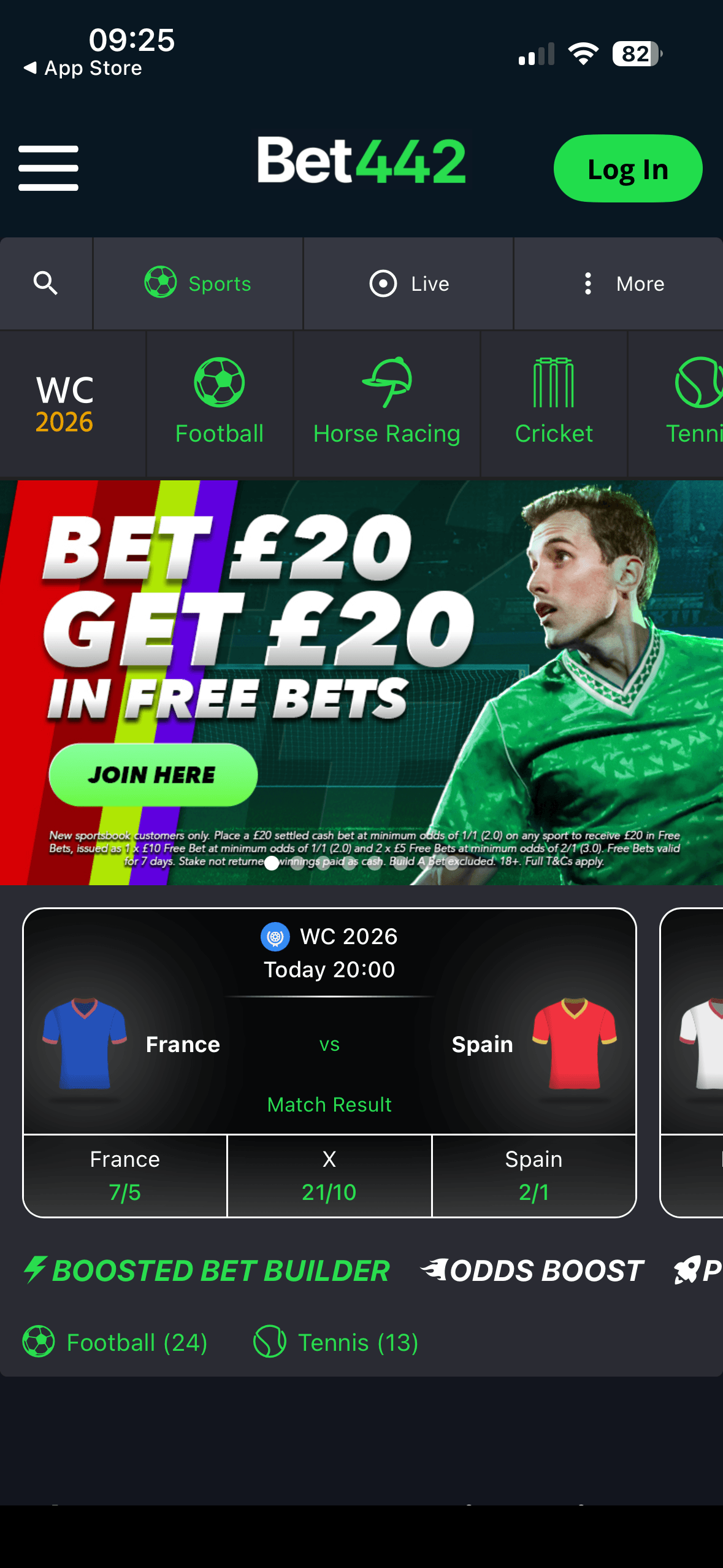 Bet442 mobile site homepage showing the World Cup 2026 hub and a free bets promo