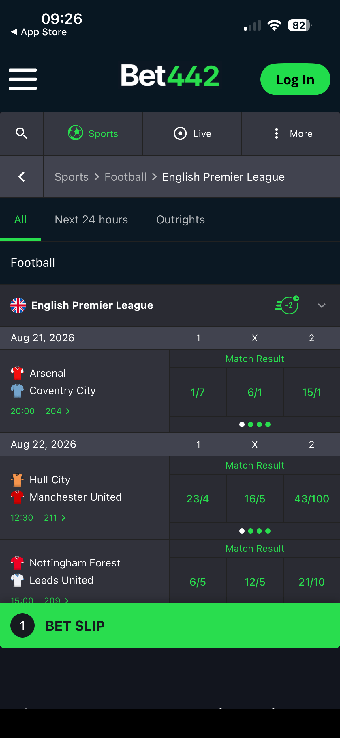 Browsing English Premier League fixtures with 1X2 odds on the Bet442 mobile site