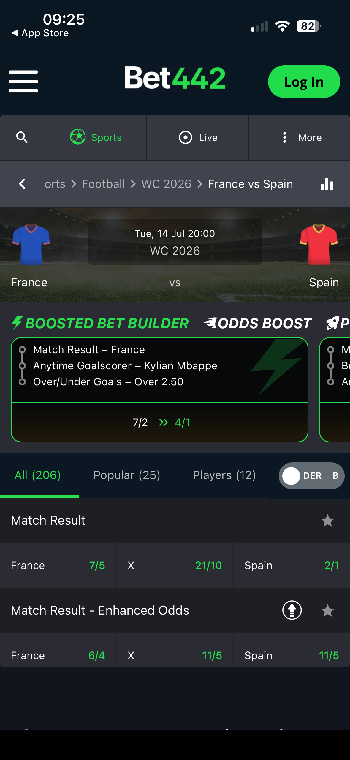 France vs Spain World Cup 2026 match page on the Bet442 mobile site, showing a boosted bet builder and match result odds