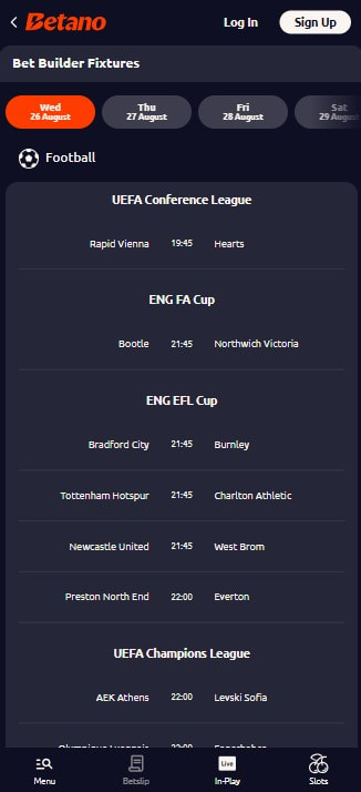 Bet Builder fixtures page on the Betano app showing football matches by day including UEFA Conference League and Champions League