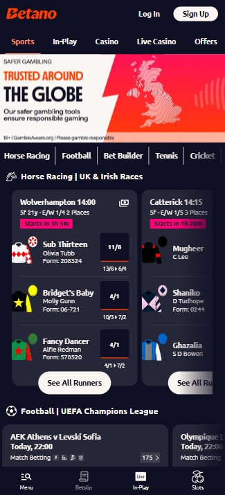 Betano app homepage showing a safer gambling banner and UK horse racing fixtures