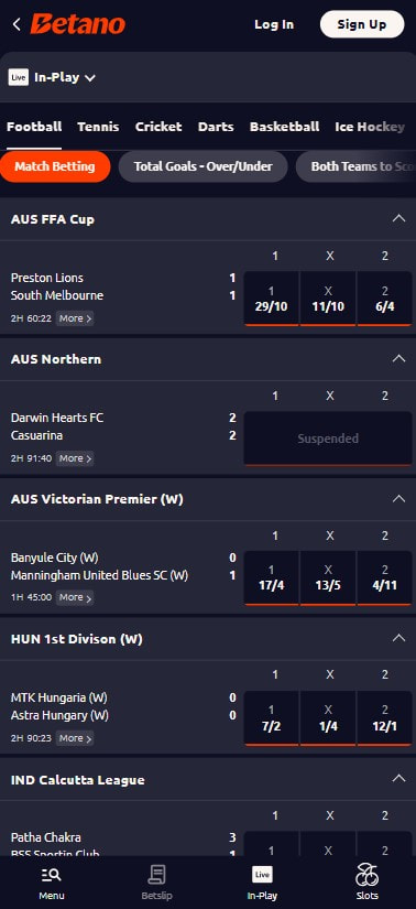 Live in-play football listing on the Betano app showing 1X2 odds across multiple leagues