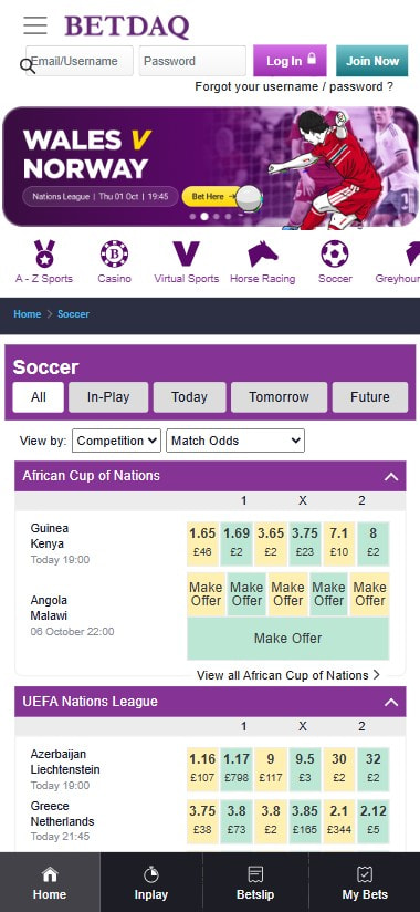 BETDAQ soccer screen with a Need Some Time-Out? responsible gambling banner, virtual sports countdown timers for horses, greyhounds and football, and Soccer Highlights odds on Greece v Netherlands and Wales v Norway