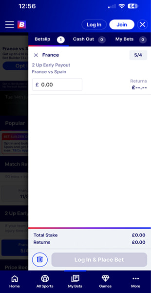 Full sports menu on the Betfred app listing American Football, Basketball, Boxing, Cricket and more