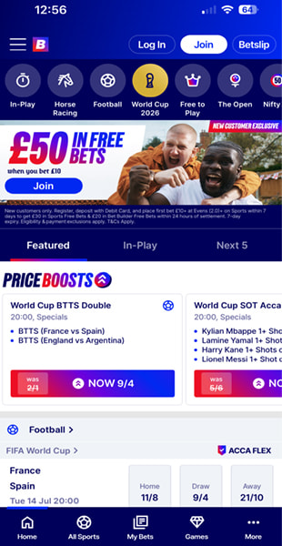 Betfred app homepage showing a £50 in free bets welcome offer and World Cup 2026 price boosts