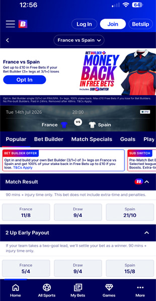Live in-play football and tennis markets across multiple leagues on the Betfred app