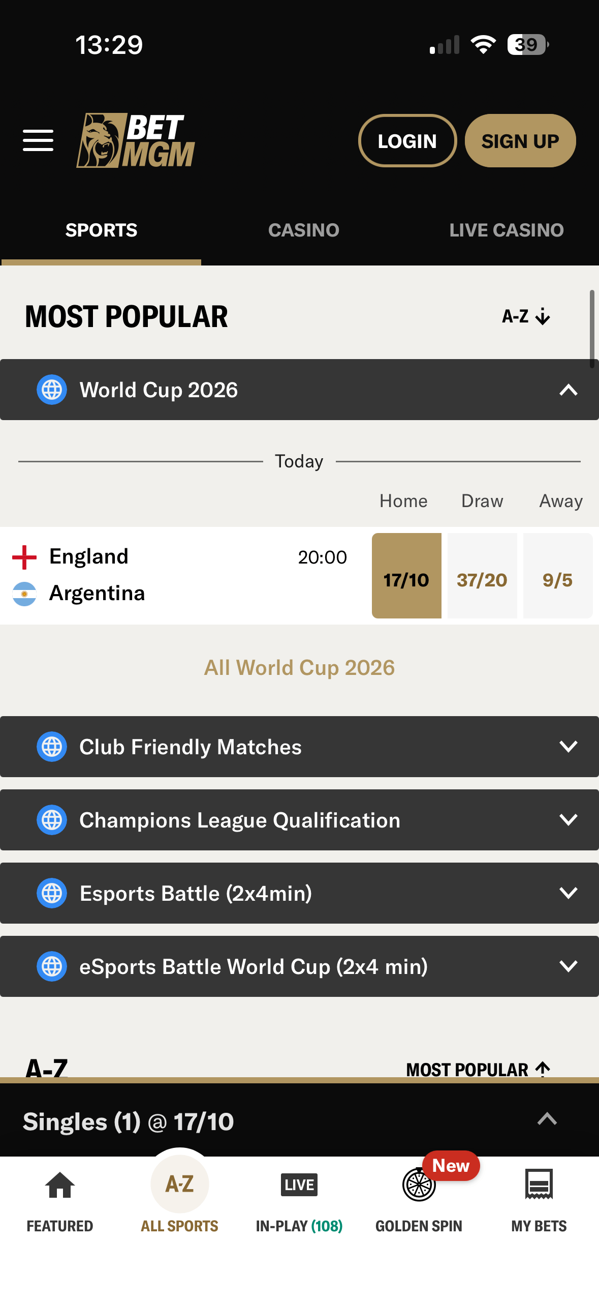 Most Popular sports list on the BetMGM mobile site showing World Cup 2026 odds