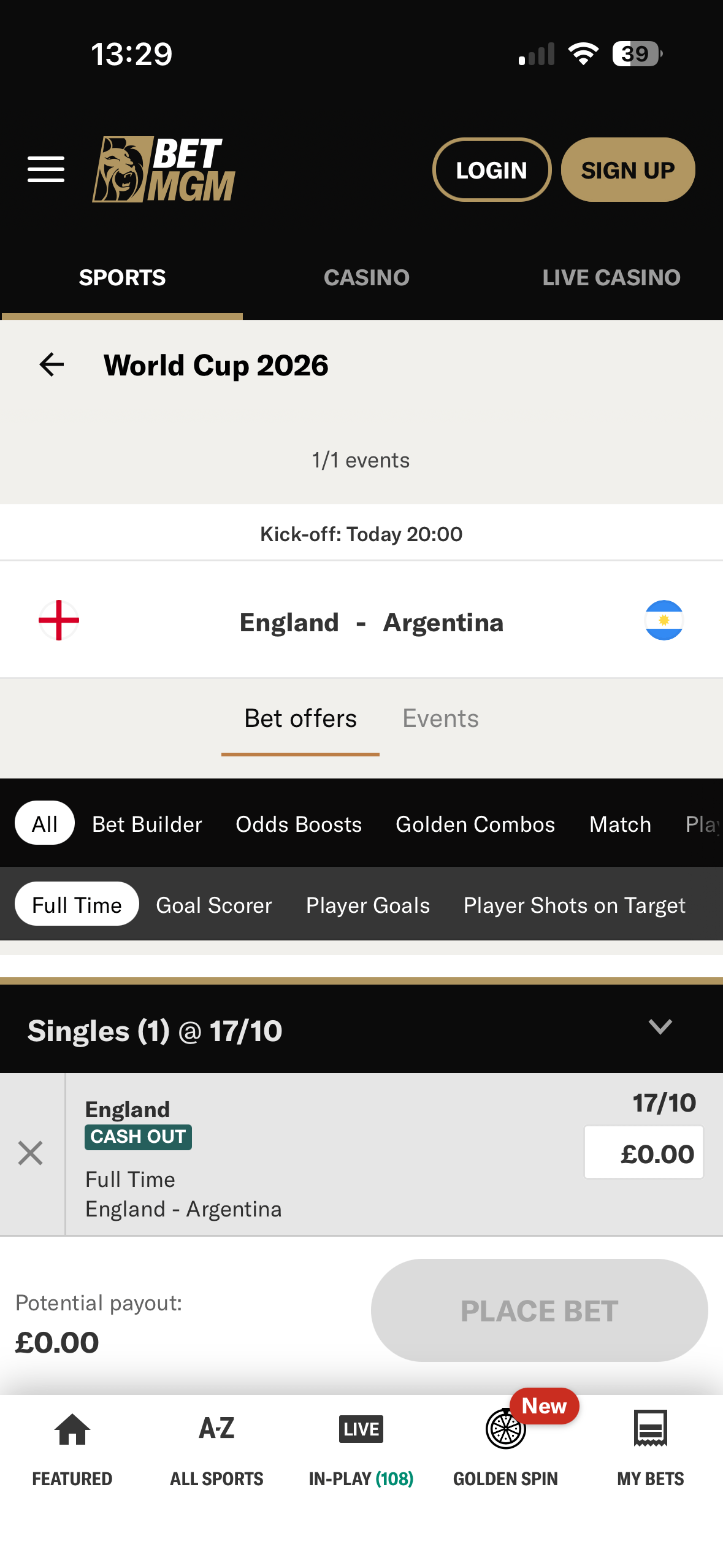 Bet slip on the BetMGM mobile site showing a single bet on England at 17/10