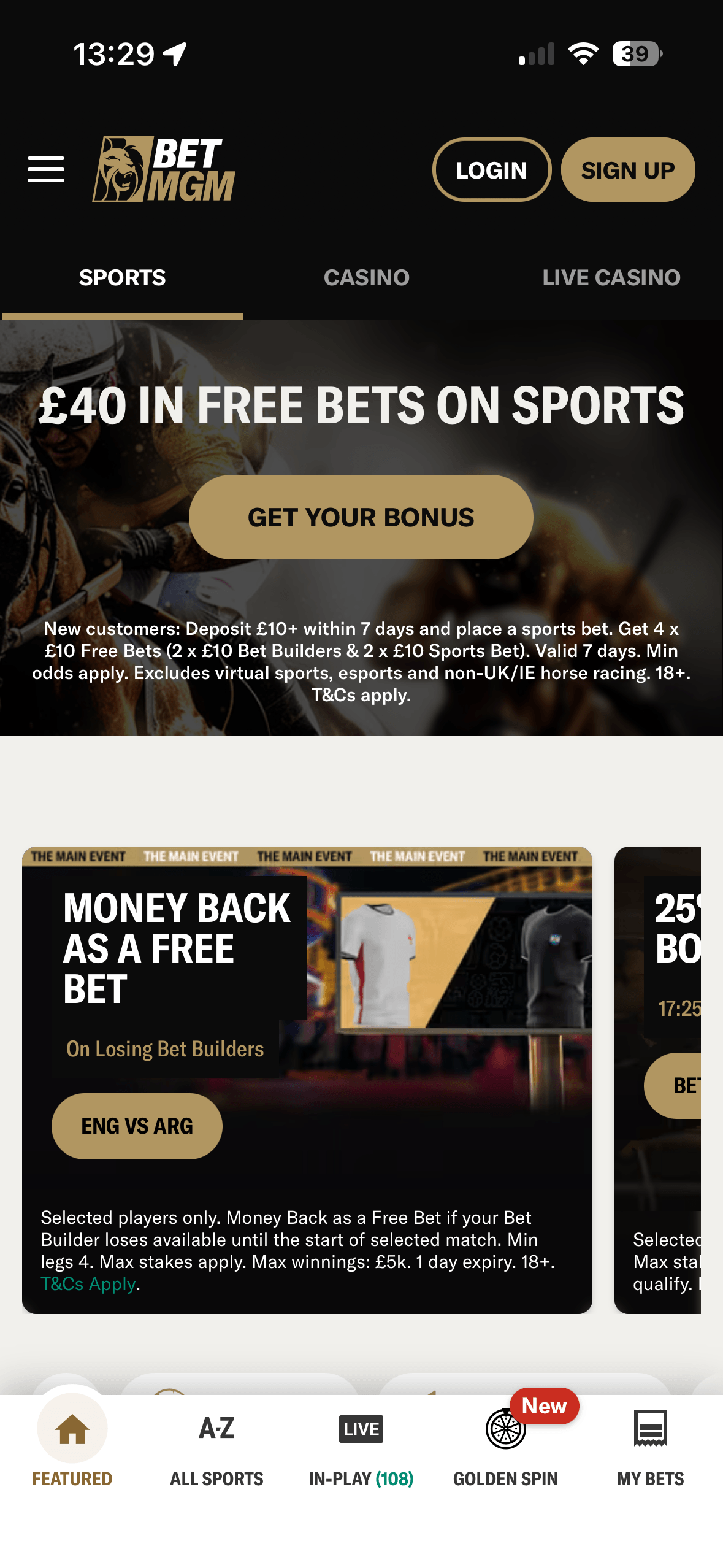 BetMGM mobile site homepage showing a £40 free bets sports sign-up offer