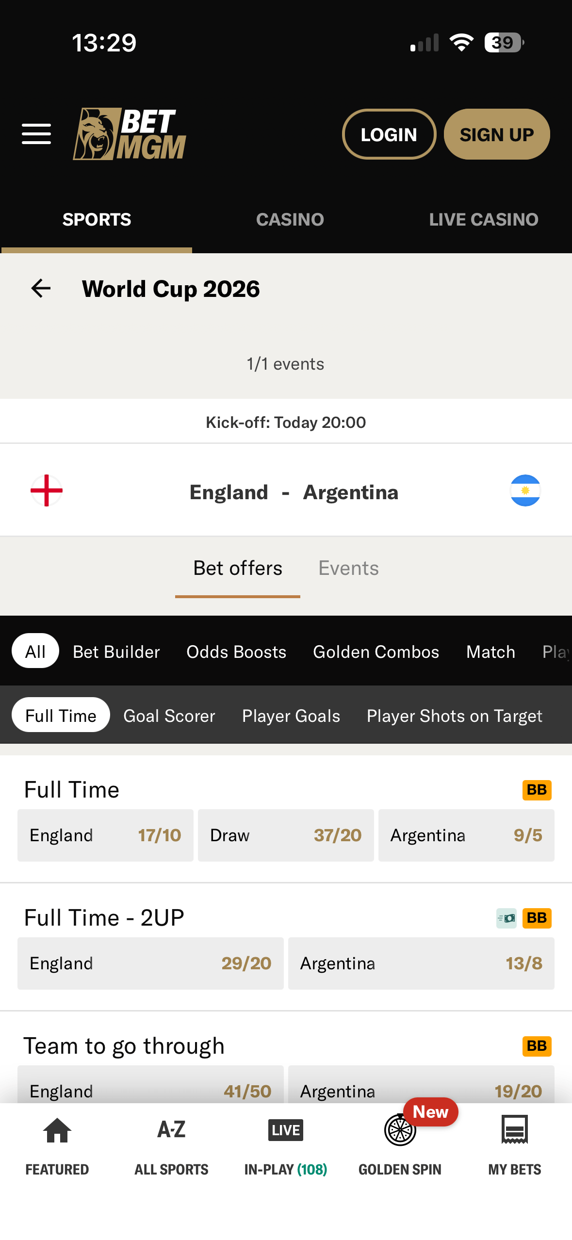England vs Argentina match page on the BetMGM mobile site showing Full Time, 2UP and Team to go through markets