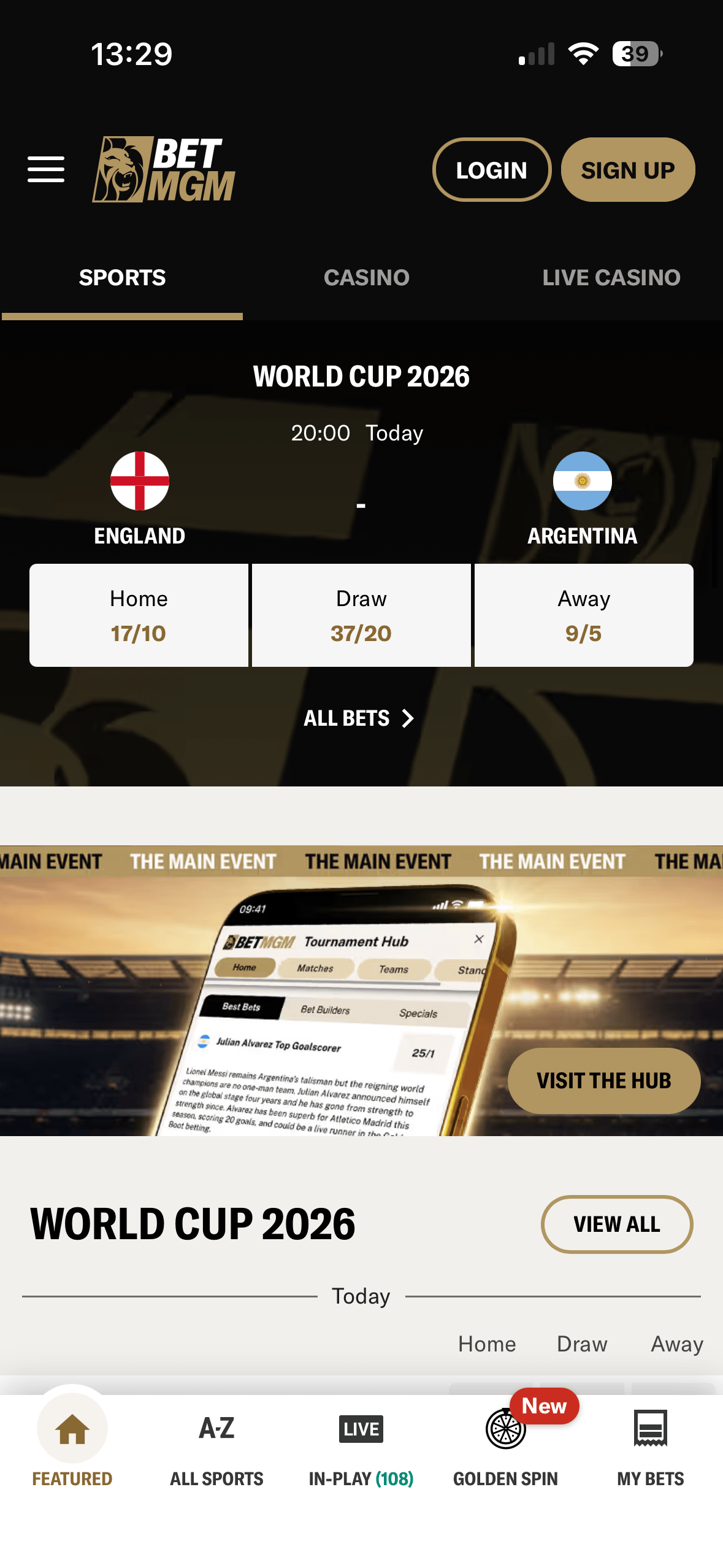 World Cup 2026 hub on the BetMGM mobile site showing England vs Argentina match odds