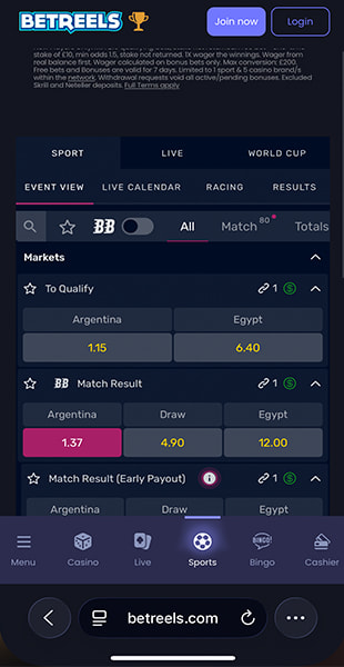 Selecting bet markets including match result and early payout on BetReels