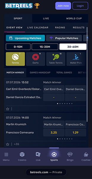 Browsing upcoming and popular matches by sport on BetReels