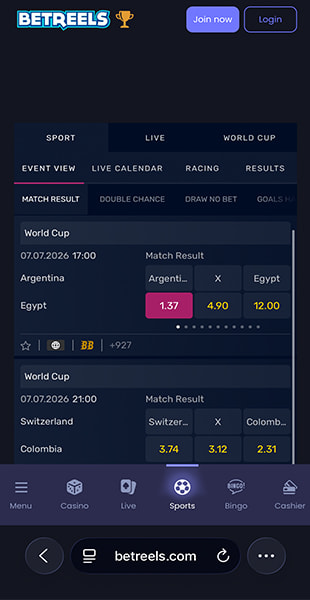 World Cup match odds listed on the BetReels site